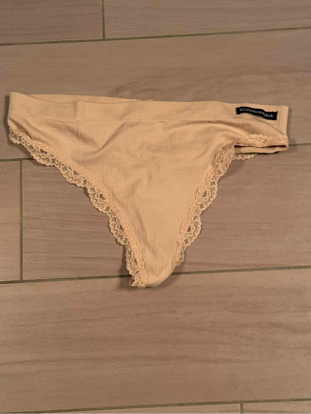 BCBGMaxAzria Nude Lace Trim Ribbed Bikini Panty MEDIUM